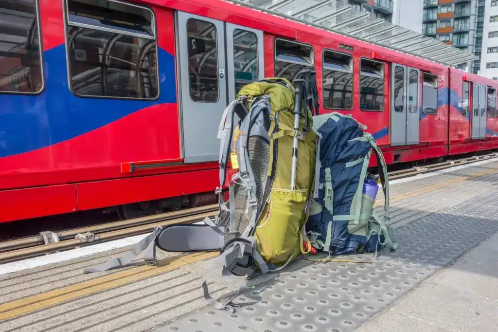 Two Backpacks With a Train In The Background